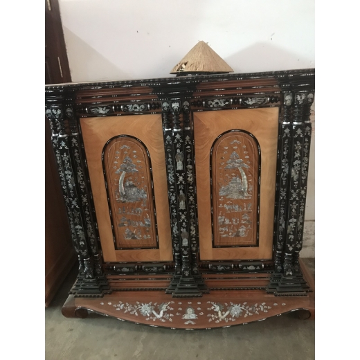 Tủ Thờ Gò Công 9 trụ gỗ căm xe nhộm mặt tiện gõ