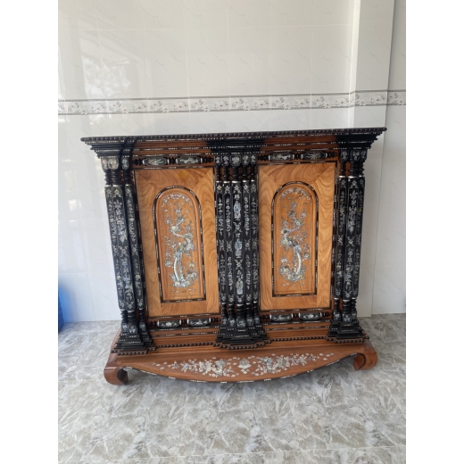 Tủ Thờ 15 trụ gỗ căm xe nhộm đen mặt tiền gõ